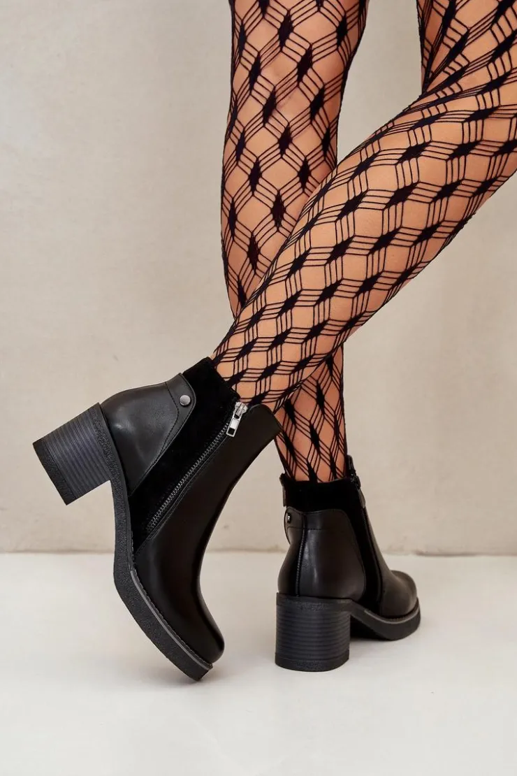 Damskie Boto Botki Damskie Z Eko Skóry Na Słupku Ocieplane Czarne Revianna