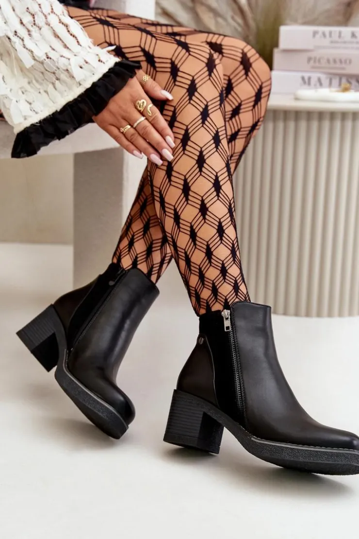 Damskie Boto Botki Damskie Z Eko Skóry Na Słupku Ocieplane Czarne Revianna