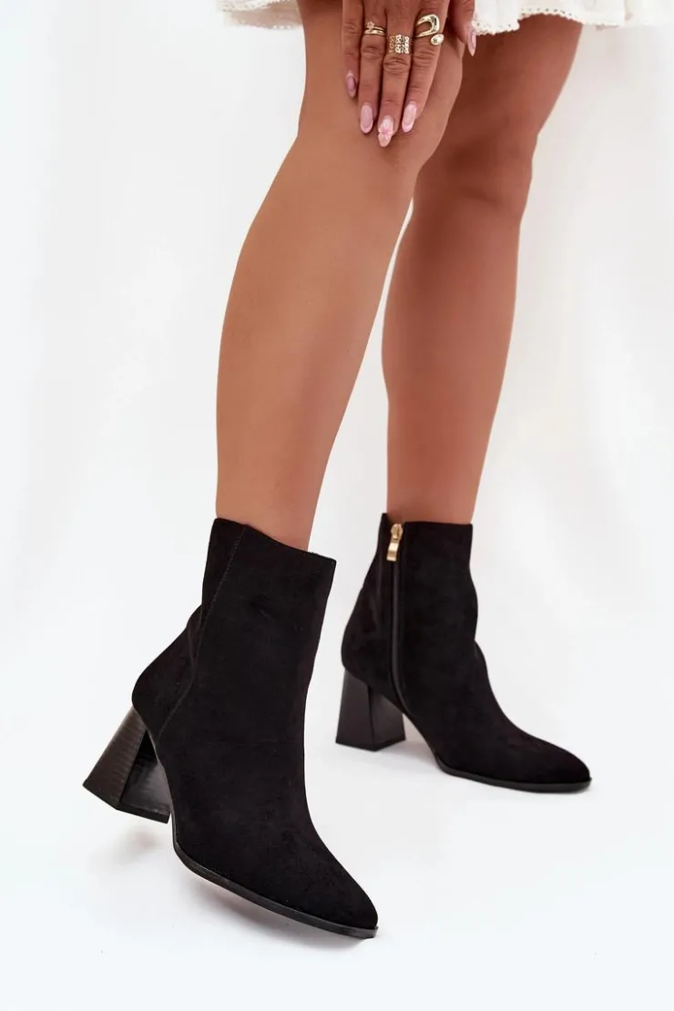 Hot Boto Botki Damskie Z Eko Zamszu Na Słupku Zamek Czarne Zelita Czarny