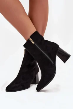 Hot Boto Botki Damskie Z Eko Zamszu Na Słupku Zamek Czarne Zelita Czarny