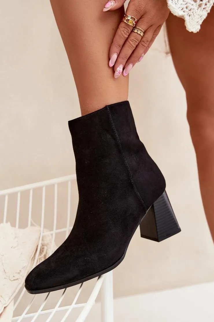 Hot Boto Botki Damskie Z Eko Zamszu Na Słupku Zamek Czarne Zelita Czarny
