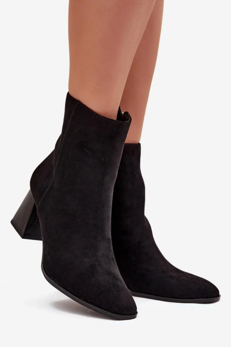 Hot Boto Botki Damskie Z Eko Zamszu Na Słupku Zamek Czarne Zelita Czarny