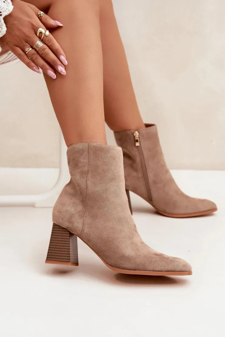 Boto Botki Na Słupku|Botki Na Obcasie*Botki Damskie Z Eko Zamszu Na Słupku Zamek Beżowe Zelita Beżowy