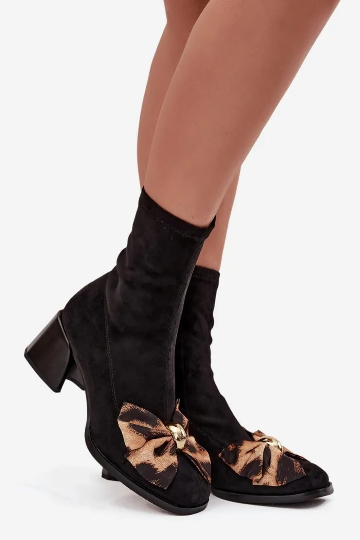 Damskie Damskie buty S.Barski Botki Damskie Z Kokardą Na Klocku D&A JC52-827 Czarne