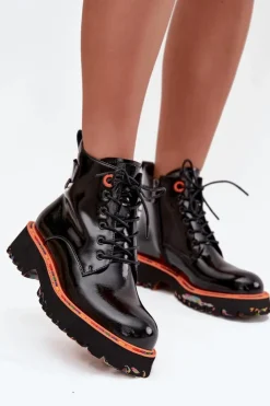 New Artiker Botki Damskie Z Lakierowanej Skóry Naturalnej Ocieplane 57C0061 Czarne