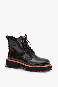 New Artiker Botki Damskie Z Lakierowanej Skóry Naturalnej Ocieplane 57C0061 Czarne