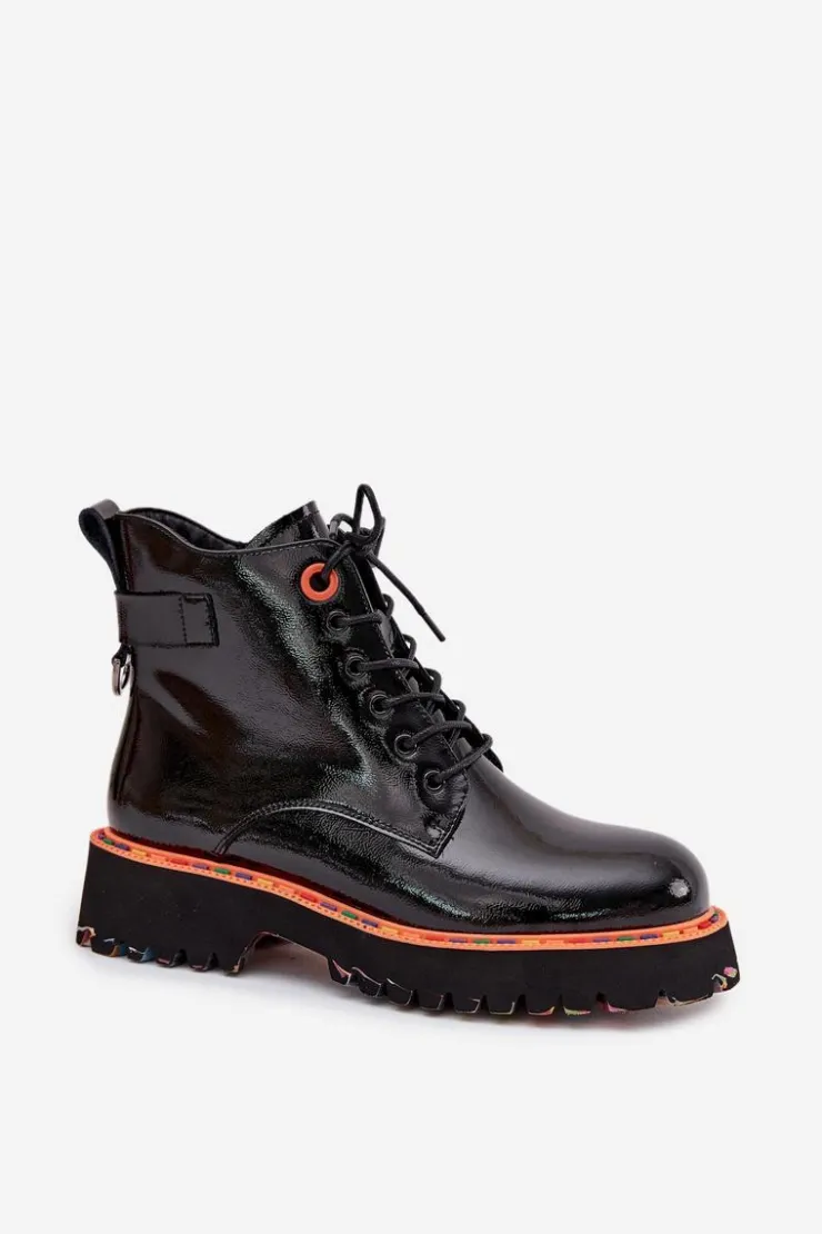 New Artiker Botki Damskie Z Lakierowanej Skóry Naturalnej Ocieplane 57C0061 Czarne