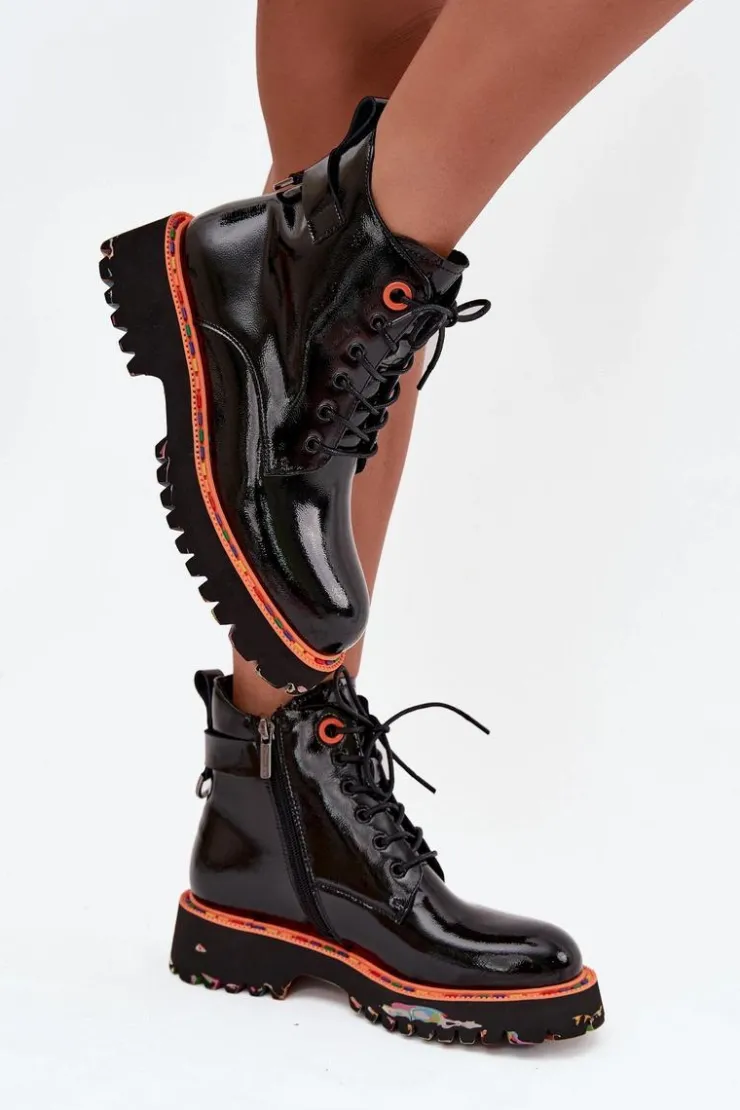 New Artiker Botki Damskie Z Lakierowanej Skóry Naturalnej Ocieplane 57C0061 Czarne