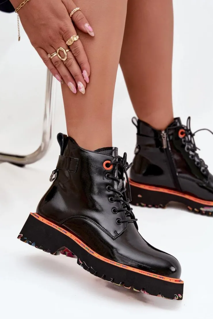 New Artiker Botki Damskie Z Lakierowanej Skóry Naturalnej Ocieplane 57C0061 Czarne