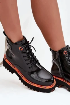 New Artiker Botki Damskie Z Lakierowanej Skóry Naturalnej Ocieplane 57C0061 Czarne