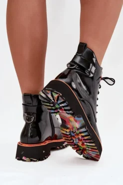 New Artiker Botki Damskie Z Lakierowanej Skóry Naturalnej Ocieplane 57C0061 Czarne