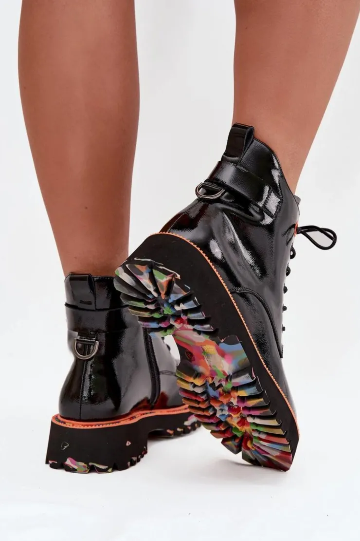 New Artiker Botki Damskie Z Lakierowanej Skóry Naturalnej Ocieplane 57C0061 Czarne