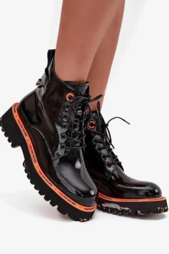 New Artiker Botki Damskie Z Lakierowanej Skóry Naturalnej Ocieplane 57C0061 Czarne