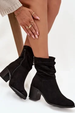 Best Damskie buty S.Barski Botki Damskie Z Marszczeniem Na Słupku S.Barski HY52-516 Czarne Czarny