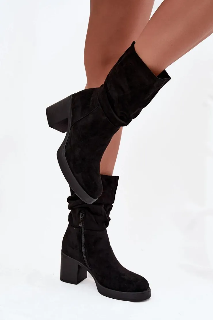 Discount Boto Botki Damskie Z Marszczeniem Na Słupku Ocieplane Czarne Amoria