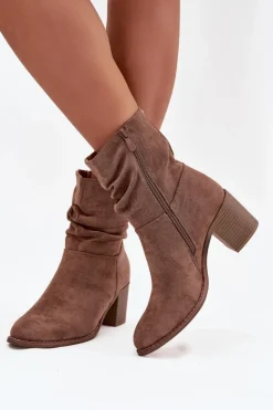 Damskie buty S.Barski Botki Zimowe Damskie|Botki Na Obcasie*Botki Damskie Z Marszczeniem Na Słupku S.Barski HY52-516 Brązowe Brązowy