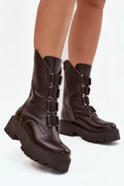 Clearance Zazoo Botki Damskie Z Naturalnej Skóry Na Platformie 3795 Czekoladowe Brązowy
