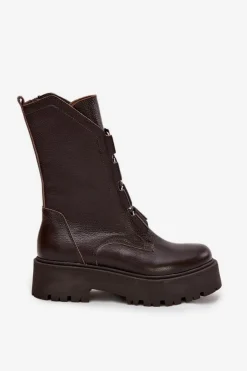 Clearance Zazoo Botki Damskie Z Naturalnej Skóry Na Platformie 3795 Czekoladowe Brązowy