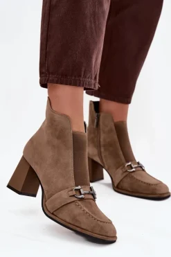 Artiker Botki Skórzane|Botki Na Słupku*Botki Damskie Z Naturalnego Zamszu Na Słupku 57C0221 Beżowe