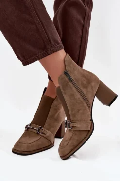 Artiker Botki Skórzane|Botki Na Słupku*Botki Damskie Z Naturalnego Zamszu Na Słupku 57C0221 Beżowe