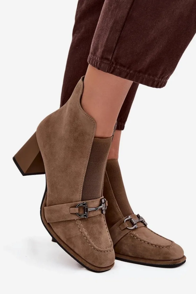 Artiker Botki Skórzane|Botki Na Słupku*Botki Damskie Z Naturalnego Zamszu Na Słupku 57C0221 Beżowe