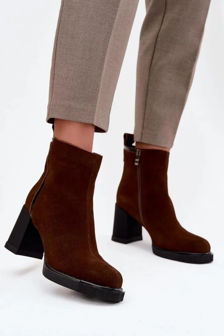 Damskie Buty damskie Vinceza Botki Damskie Z Naturalnego Zamszu Na Słupku Ocieplane Vinceza 91141 Brązowe