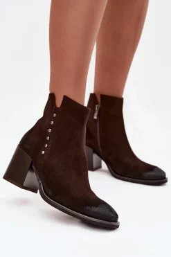 Sale Zazoo Botki Damskie Z Naturalnego Zamszu Na Słupku 1136 Czekoladowe