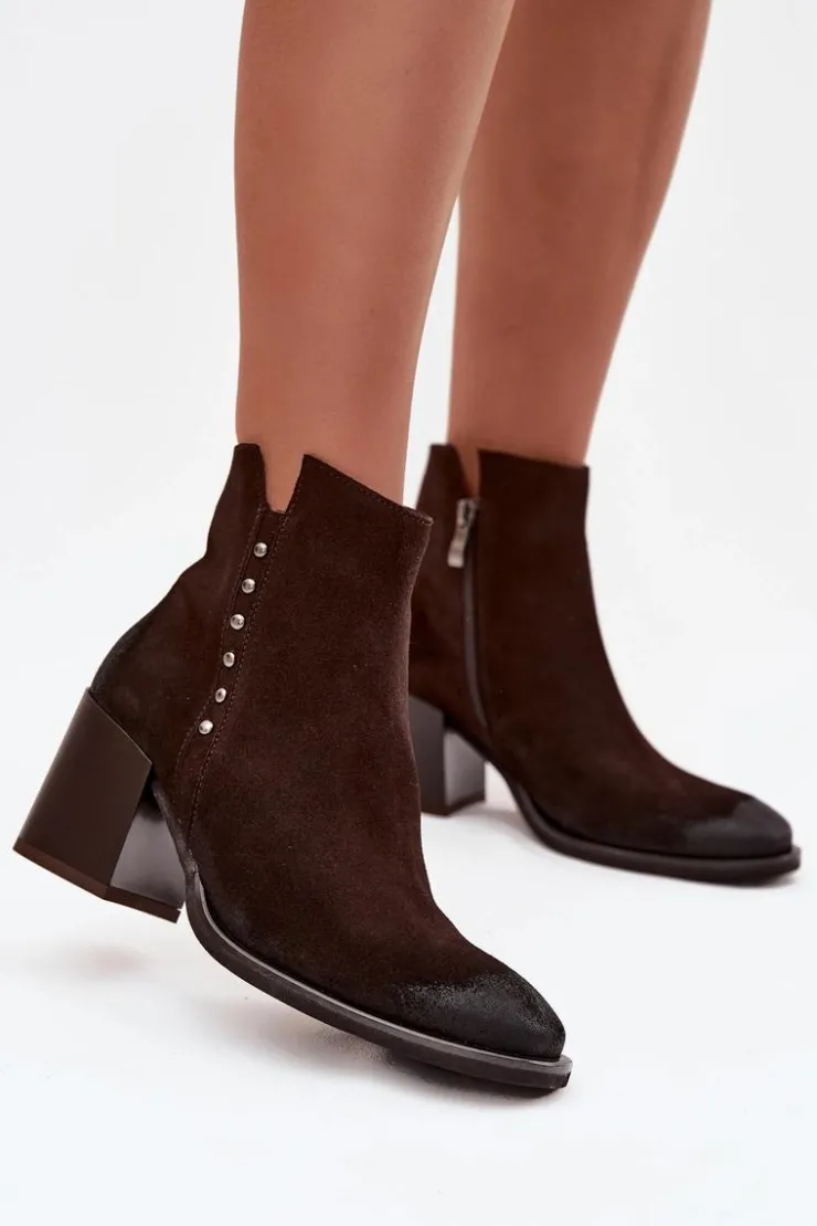 Sale Zazoo Botki Damskie Z Naturalnego Zamszu Na Słupku 1136 Czekoladowe