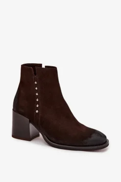 Sale Zazoo Botki Damskie Z Naturalnego Zamszu Na Słupku 1136 Czekoladowe