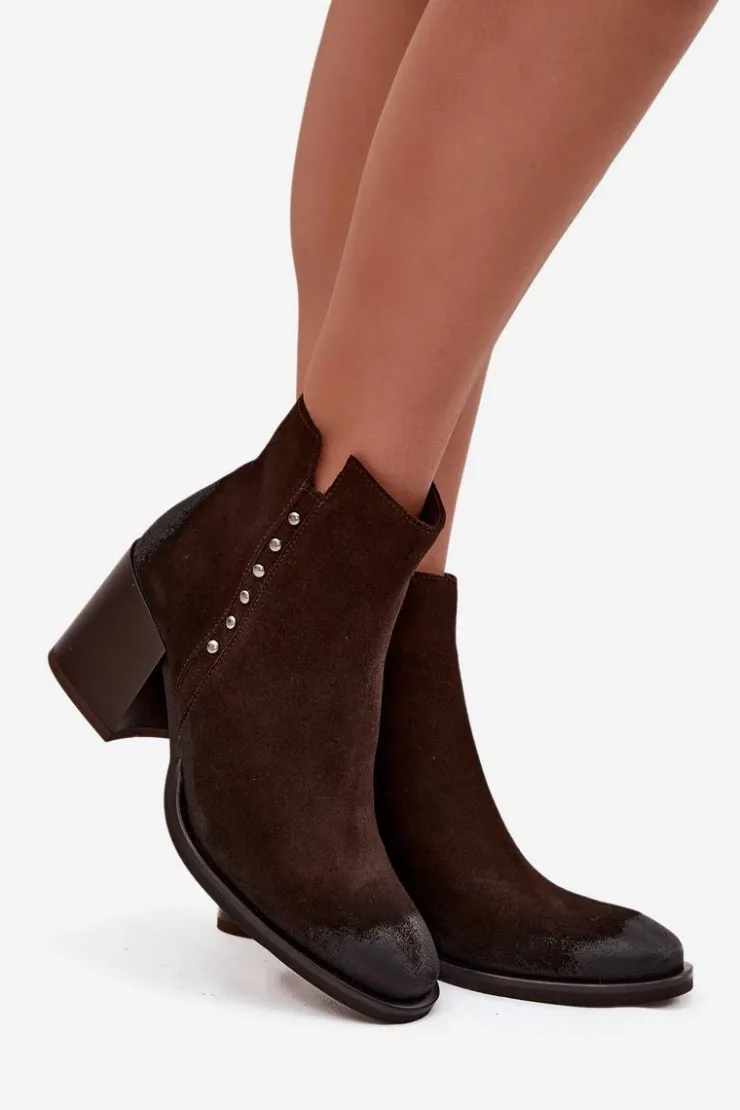 Sale Zazoo Botki Damskie Z Naturalnego Zamszu Na Słupku 1136 Czekoladowe