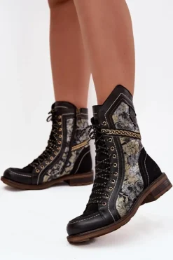 Damskie Maciejka Botki Damskie Z Naturalnej Skóry 07097-01 Czarno-Złote