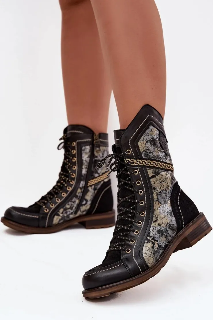 Damskie Maciejka Botki Damskie Z Naturalnej Skóry 07097-01 Czarno-Złote