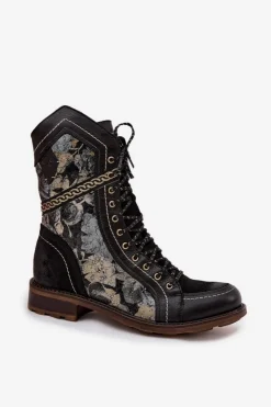 Damskie Maciejka Botki Damskie Z Naturalnej Skóry 07097-01 Czarno-Złote