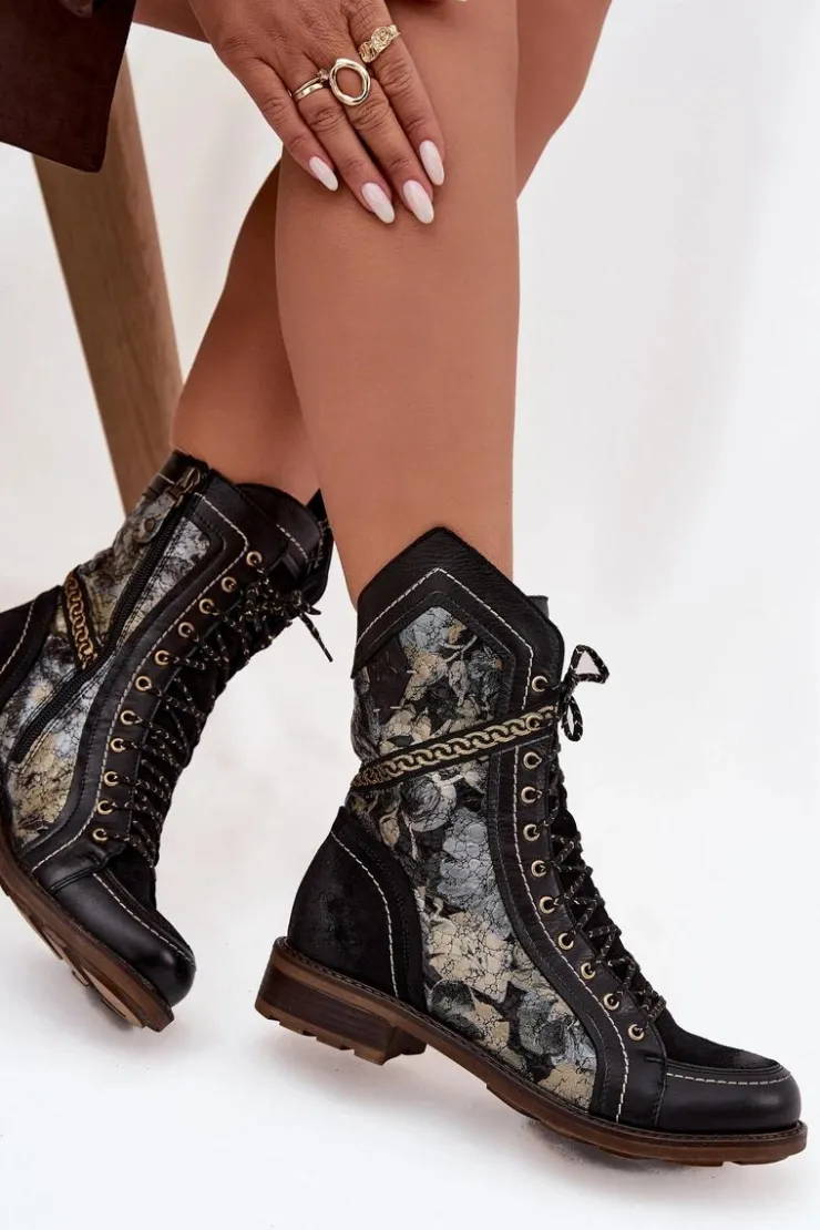 Damskie Maciejka Botki Damskie Z Naturalnej Skóry 07097-01 Czarno-Złote