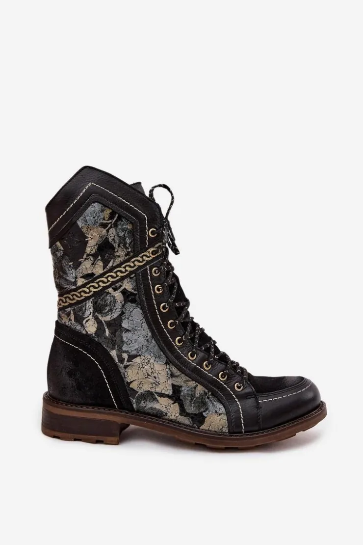 Damskie Maciejka Botki Damskie Z Naturalnej Skóry 07097-01 Czarno-Złote