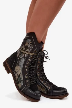 Damskie Maciejka Botki Damskie Z Naturalnej Skóry 07097-01 Czarno-Złote