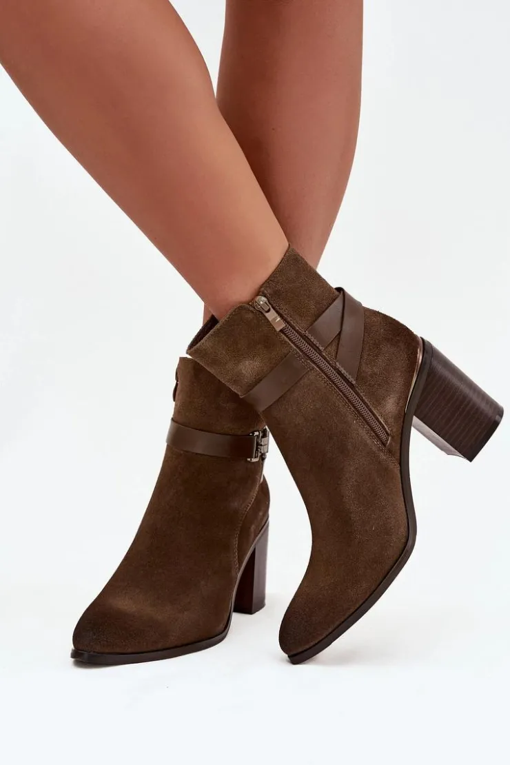 Discount Buty Sergio Leone Botki Damskie Z Naturalnego Zamszu Na Słupku Ocieplane Sergio Leone BT25384-S Khaki Zielony