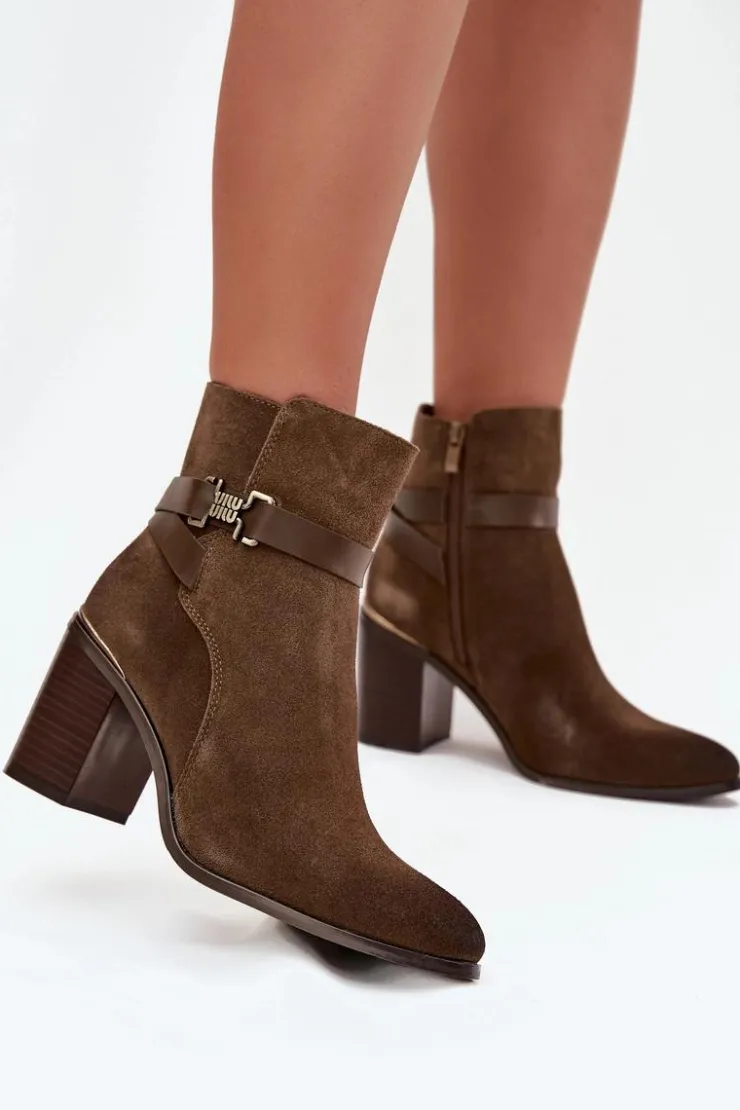 Discount Buty Sergio Leone Botki Damskie Z Naturalnego Zamszu Na Słupku Ocieplane Sergio Leone BT25384-S Khaki Zielony