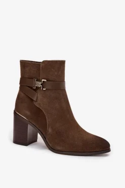 Discount Buty Sergio Leone Botki Damskie Z Naturalnego Zamszu Na Słupku Ocieplane Sergio Leone BT25384-S Khaki Zielony