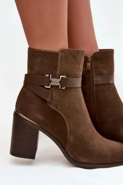 Discount Buty Sergio Leone Botki Damskie Z Naturalnego Zamszu Na Słupku Ocieplane Sergio Leone BT25384-S Khaki Zielony