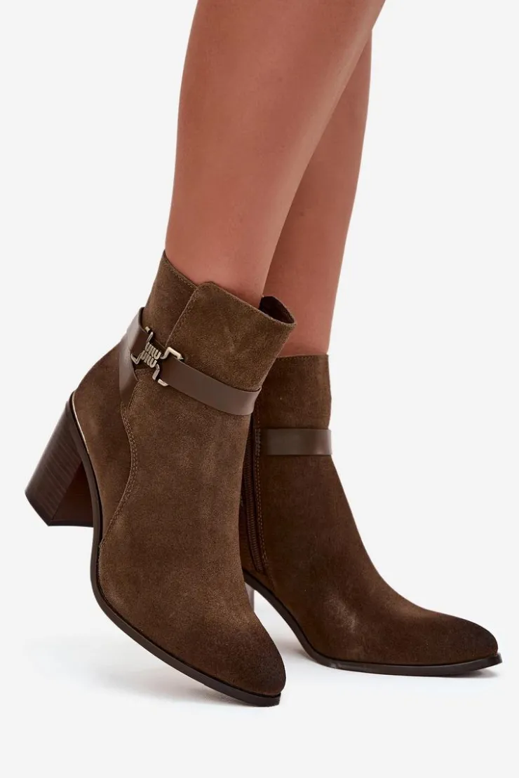 Discount Buty Sergio Leone Botki Damskie Z Naturalnego Zamszu Na Słupku Ocieplane Sergio Leone BT25384-S Khaki Zielony