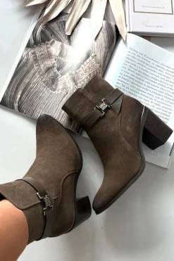 Discount Buty Sergio Leone Botki Damskie Z Naturalnego Zamszu Na Słupku Ocieplane Sergio Leone BT25384-S Khaki Zielony