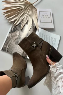 Discount Buty Sergio Leone Botki Damskie Z Naturalnego Zamszu Na Słupku Ocieplane Sergio Leone BT25384-S Khaki Zielony