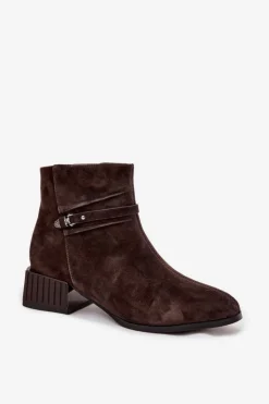 D&A Botki Ocieplane|Botki Skórzane*Botki Damskie Z Naturalnego Zamszu Na Klocku Ocieplane CR52-651 Czekoladowe Brązowy