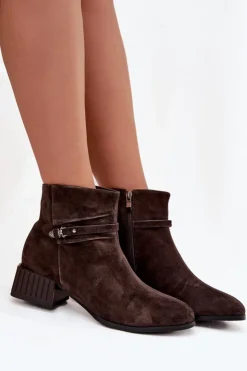 D&A Botki Ocieplane|Botki Skórzane*Botki Damskie Z Naturalnego Zamszu Na Klocku Ocieplane CR52-651 Czekoladowe Brązowy