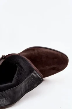 D&A Botki Ocieplane|Botki Skórzane*Botki Damskie Z Naturalnego Zamszu Na Klocku Ocieplane CR52-651 Czekoladowe Brązowy