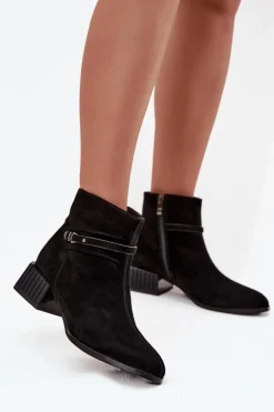 New D&A Botki Damskie Z Naturalnego Zamszu Na Klocku Ocieplane CR52-651 Czarne Czarny