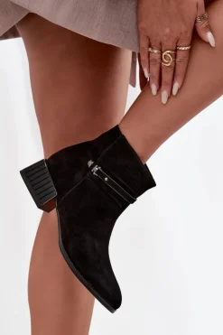 New D&A Botki Damskie Z Naturalnego Zamszu Na Klocku Ocieplane CR52-651 Czarne Czarny