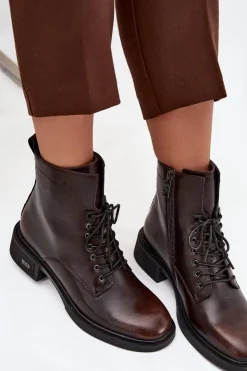 Buty damskie Vinceza Botki Ocieplane|Botki Sznurowane*Botki Damskie Z Naturalnej Skóry Na Niskim Obcasie Ocieplane Vinceza 39955 Czekoladowe