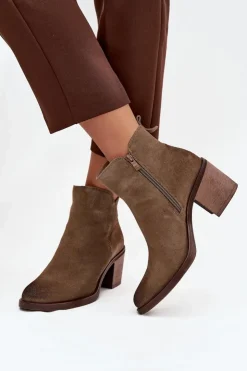 Online Buty Sergio Leone Botki Damskie Z Naturalnego Zamsz Na Słupku Ocieplane Sergio Leone BT25321-S Khaki